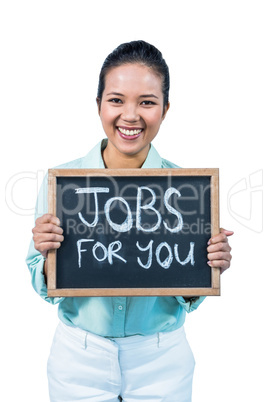 Businesswoman holding a signboard jobs for you