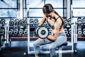 Muscular woman lifting dumbbell while sitting on bench