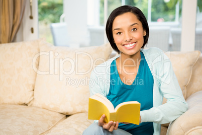 Smiling brunette reading a book on the sofa Smiling brunette reading a book on the sofa