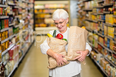 Portrait of smiling senior woman with grocery bags