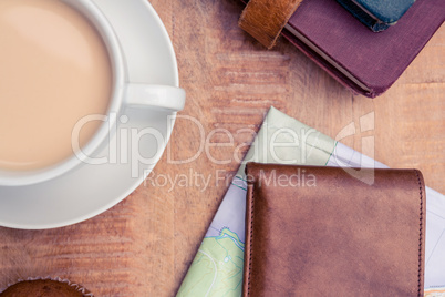 Coffee with wallet and diaries