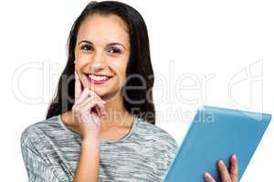 Smiling woman using tablet