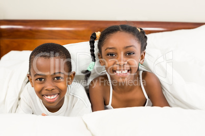 Portrait of happy siblings under blanket