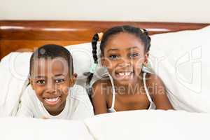 Portrait of happy siblings under blanket