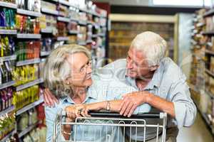 Happy senior couple with cart