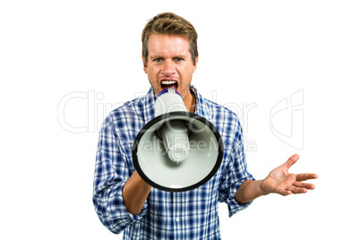 Portrait of man shouting through megaphone