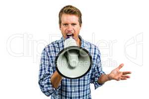 Portrait of man shouting through megaphone