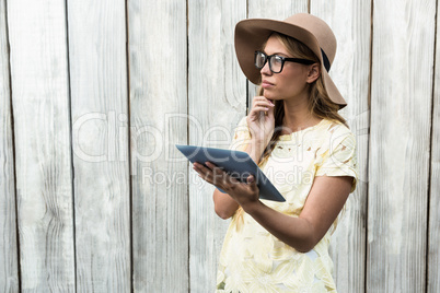 Thoughtful pretty women with glasses