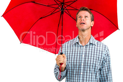 Man holding red umbrella