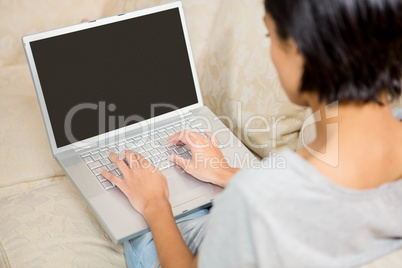 Over shoulder view of brunette using laptop