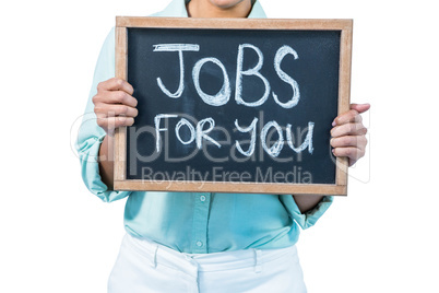 Businesswoman holding a signboard jobs for you