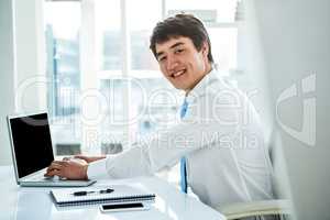 Smiling asian businessman working on laptop