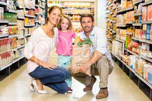 Smiling family with grocery bag at the supermarket