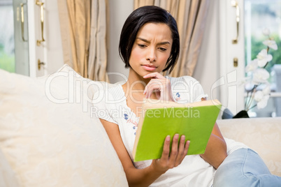 Focused brunette reading a book on the sofa