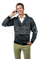 Happy handsome man talking on mobile phone