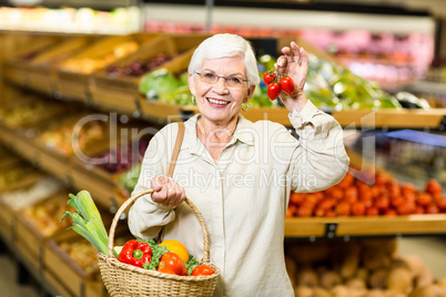 Senior woman holding basket and small tomatoes