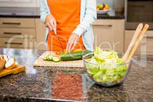 Mid section of woman slicing cucumber for salad