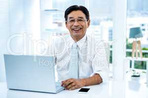 Smiling asian businessman working on laptop