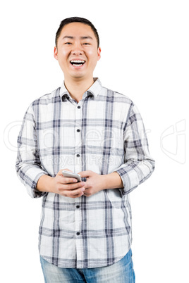 Happy man holding smart phone