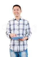 Happy man using tablet computer