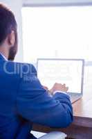 Rear view of male professional working on laptop in office