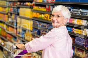 Smiling senior woman pushing cart