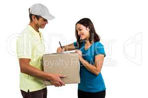Happy delivery man with customer