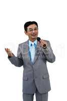 Asian businessman holding microphone