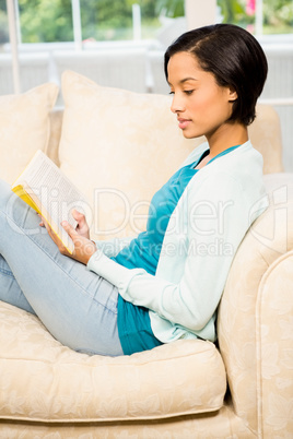 Attractive brunette reading book on the sofa