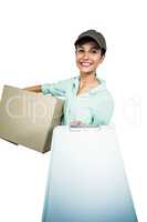 Smart delivery woman holding pack showing clipboard