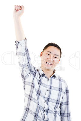 Portrait of cheerful man with hand raised