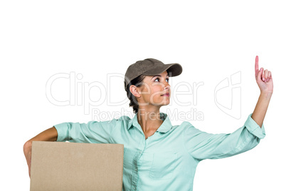 Smart delivery woman holding pack pointing up