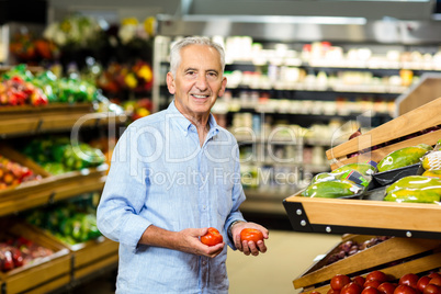 Smiling senior man picking out tomatoes