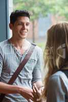 Smiling male student talking to a friend