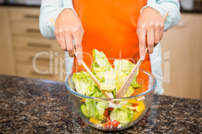 Mid section of woman preparing salad