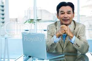 Smiling asian businessman working on laptop