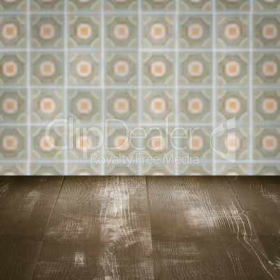 Wood table top and blur vintage ceramic tile pattern wall Wood table top and blur vintage ceramic tile pattern wall