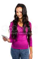 Smiling woman using smartphone