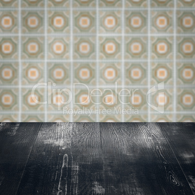 Wood table top and blur vintage ceramic tile pattern wall