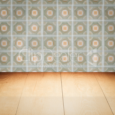 Wood table top and blur vintage ceramic tile pattern wall