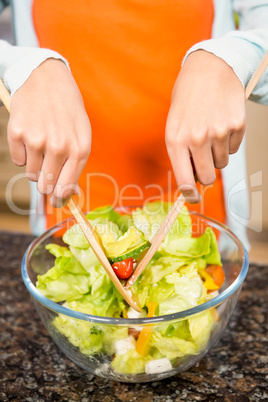 Mid section of woman preparing salad