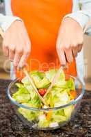 Mid section of woman preparing salad