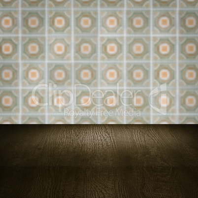 Wood table top and blur vintage ceramic tile pattern wall