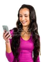 Smiling woman using smartphone