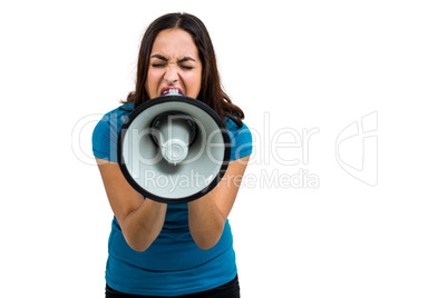Angry woman shouting through megaphone