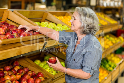 Smiling senior woman picking apples