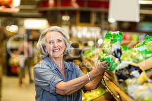 Senior happy woman holding bag of salad