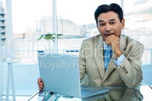 Smiling asian businessman working on laptop