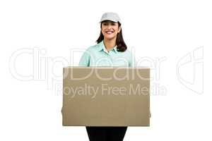 Portrait of cheerful delivery woman with box