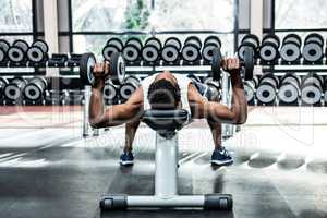 Muscular man lifting dumbbells while lying on bench